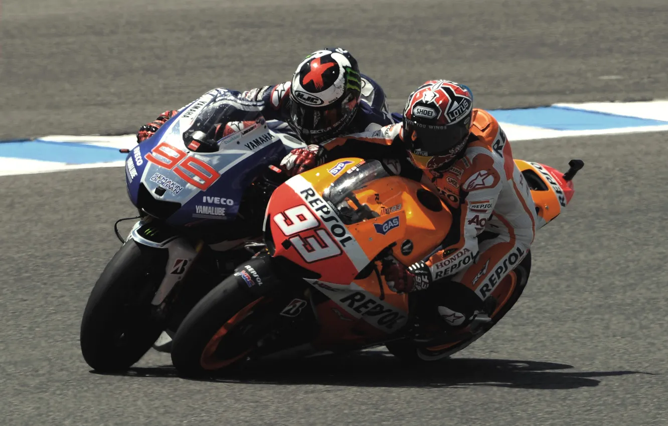 Фото обои Мотоцикл, Хонда, MotoGP, Spain, Ямаха, Jorge Lorenzo, Marc Marquez