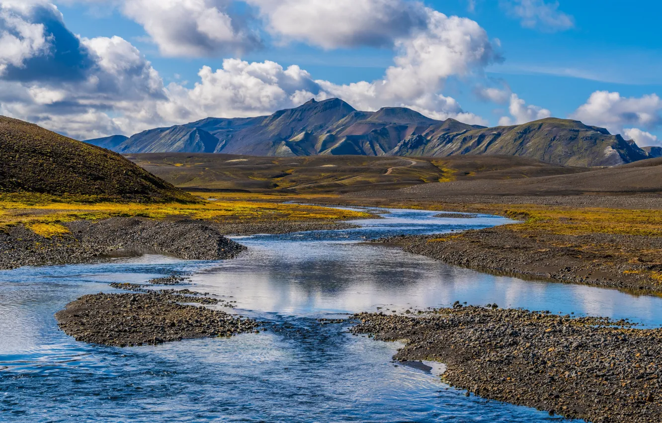 Фото обои river, sky, landscape, nature, water, mountains, clouds, reflection