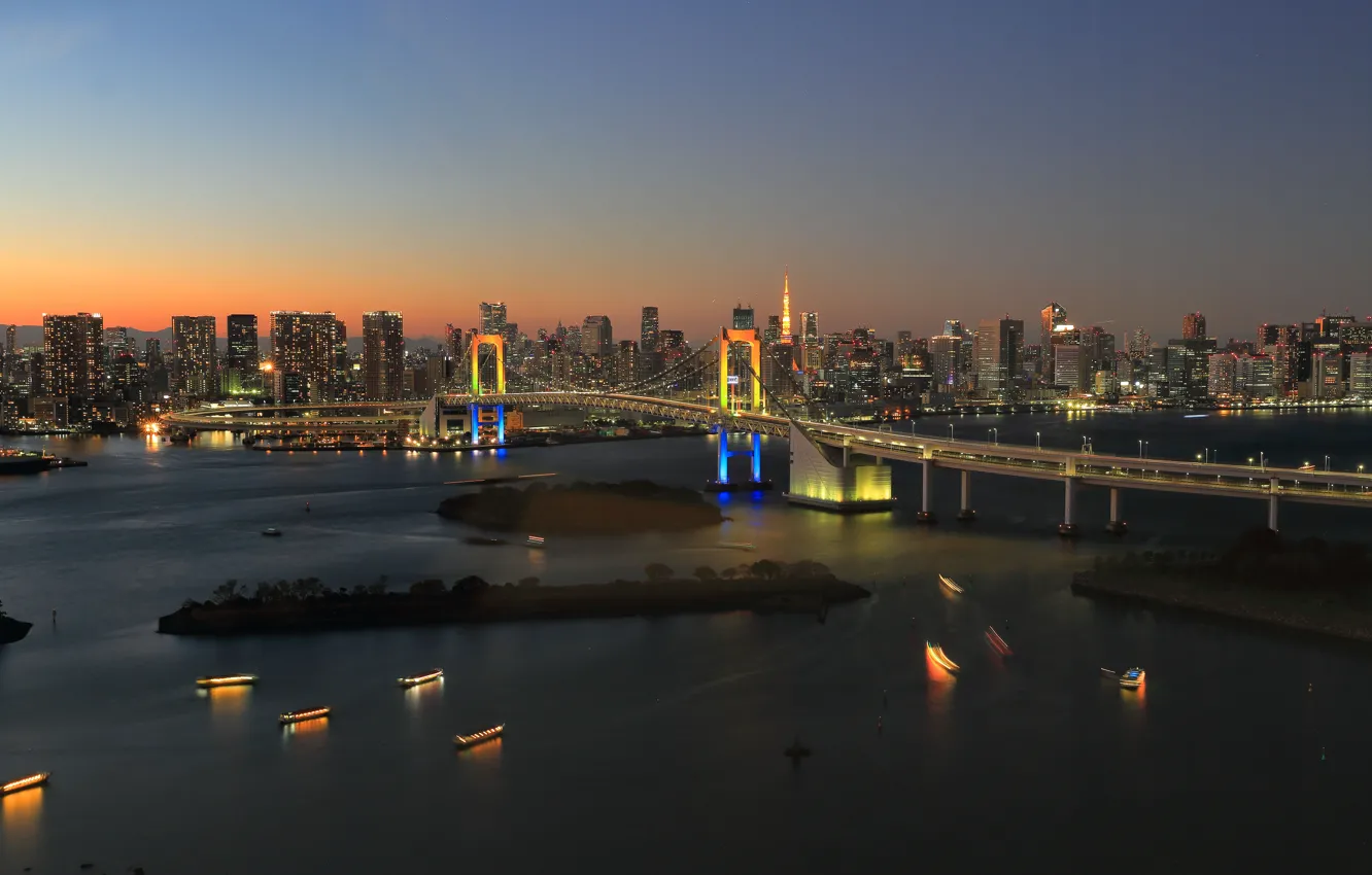 Фото обои Tokyo, Japan, twilight, bridge, sunset, dusk, Rainbow Bridge, reflections