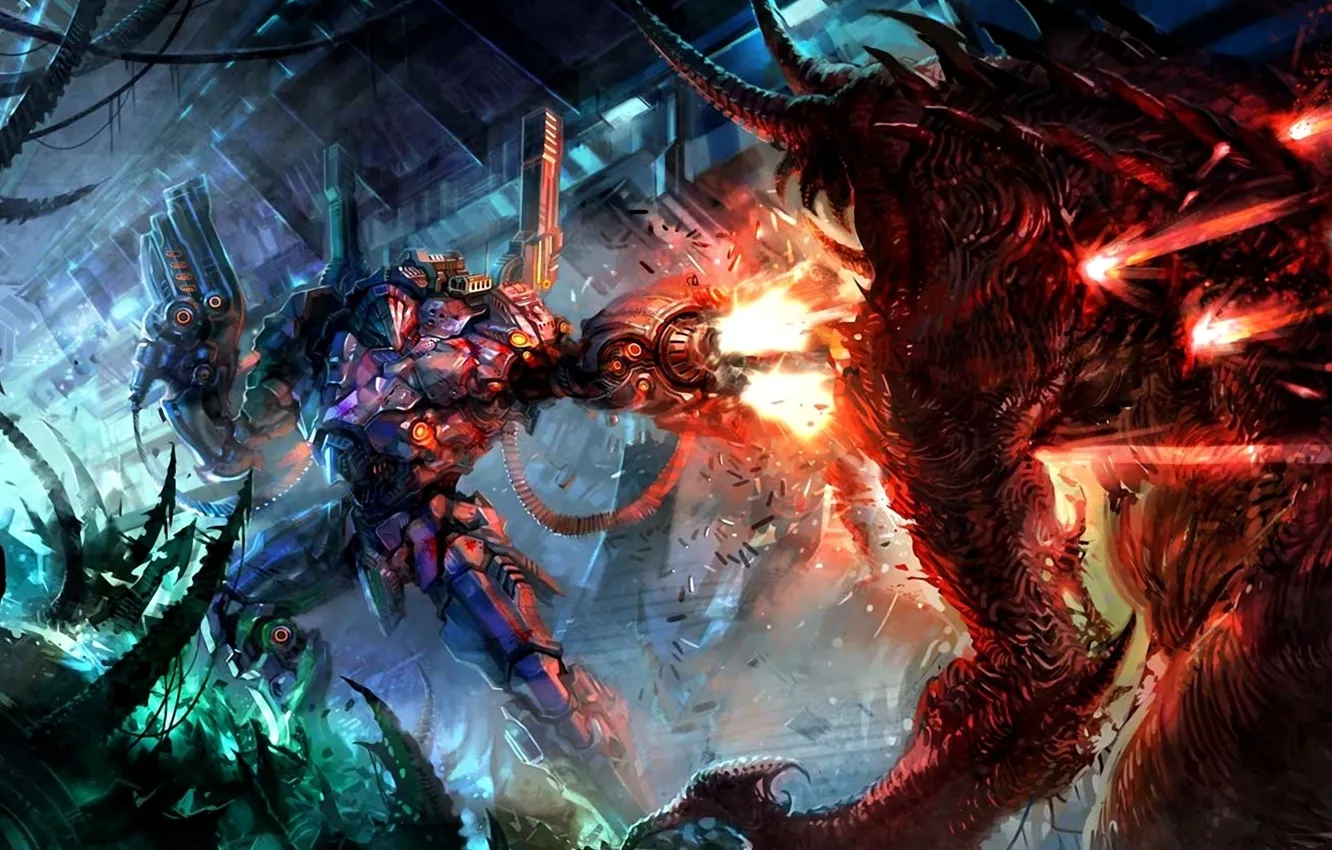 Фото обои робот, монстр, бой