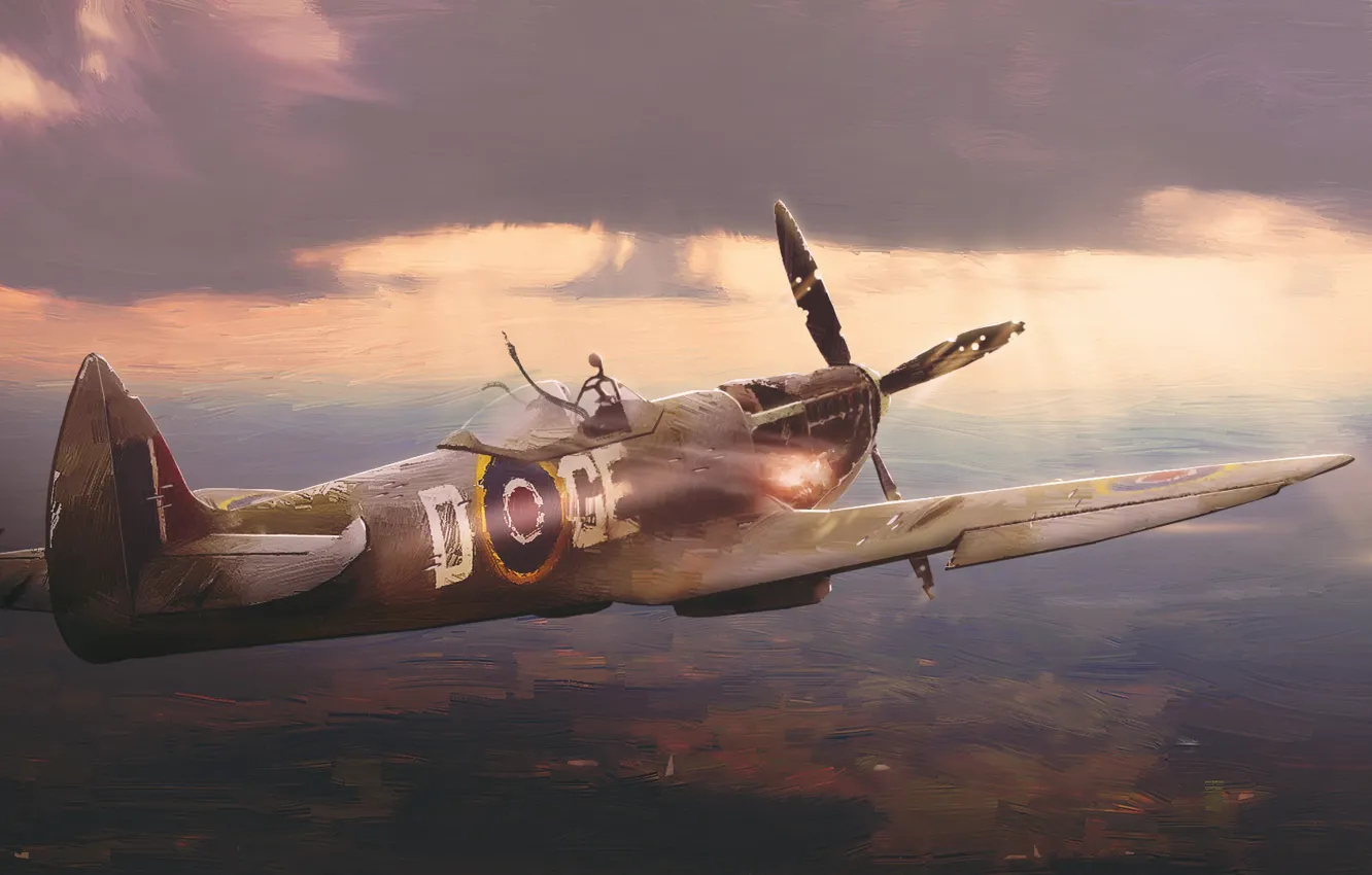 Фото обои Англия, Рисунок, Самолет, Полет, Истребитель, Арт, Spitfire, Illustration