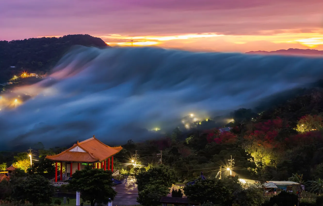Фото обои свет, огни, туман, вечер, утро, пагода, Корея