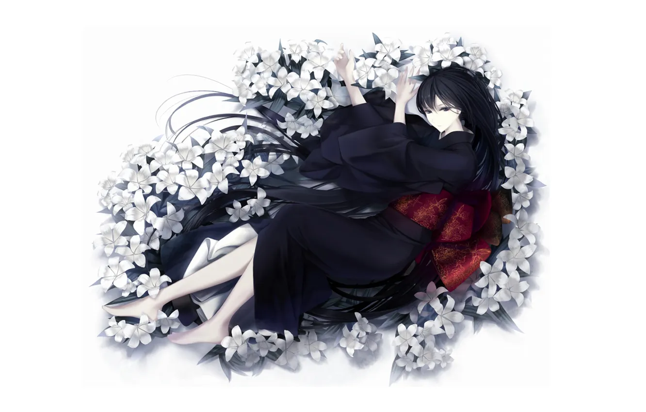 Фото обои цветы, Девушка, белый фон, кимоно, длинные волосы