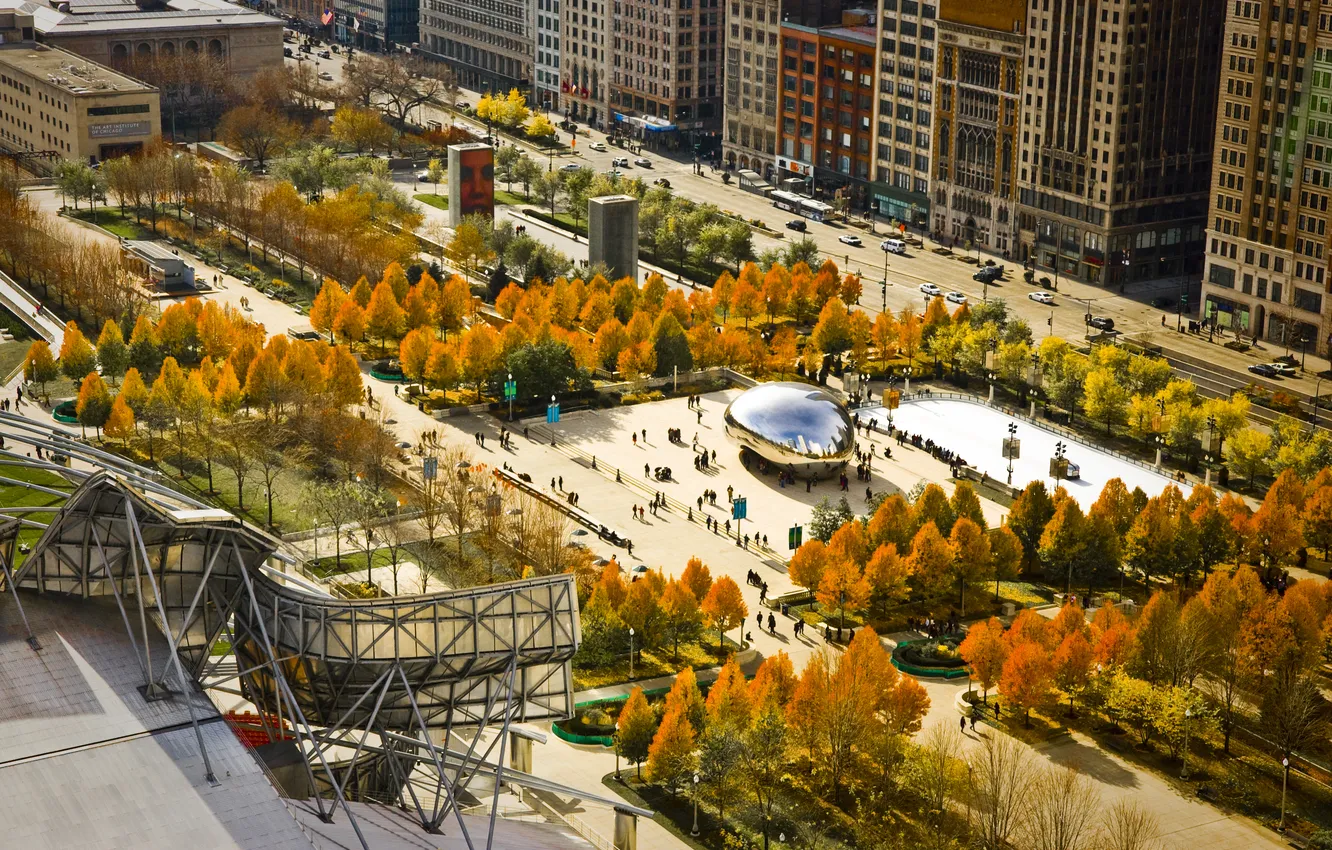 Фото обои осень, парк, Chicago, Illinois, монумент, Millennium Park