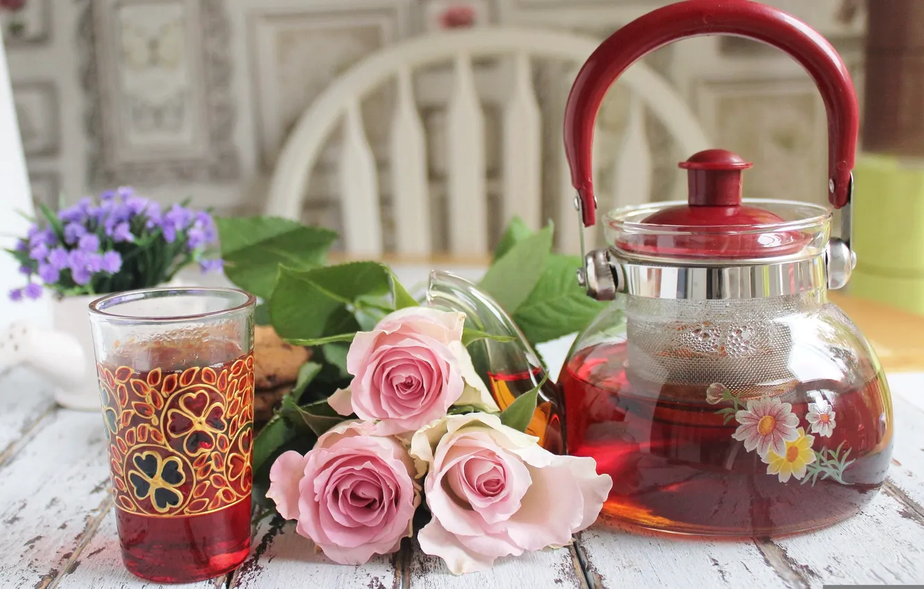 Фото обои чай, розы, чайник, натюрморт