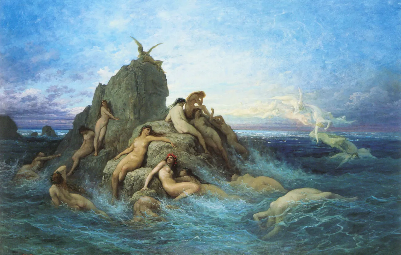 Фото обои море, волны, небо, облака, скалы, картина, миф, Gustave Dore