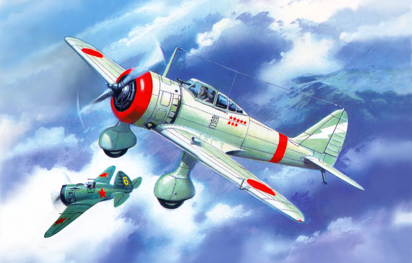 Фото обои небо, рисунок, истребитель, бой, воздушный, реки, самолёты, японский