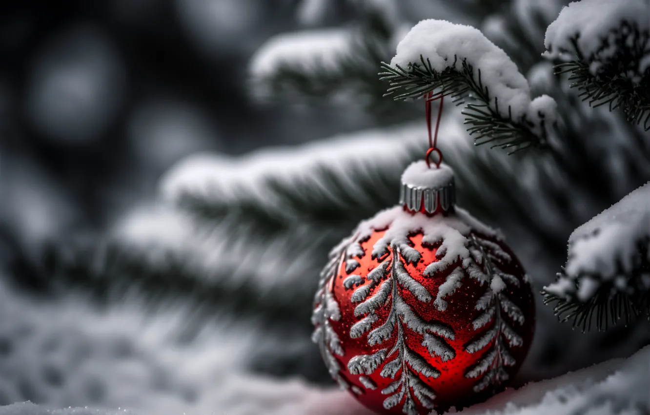 Фото обои new year, snow, christmas tree, branch, balloon