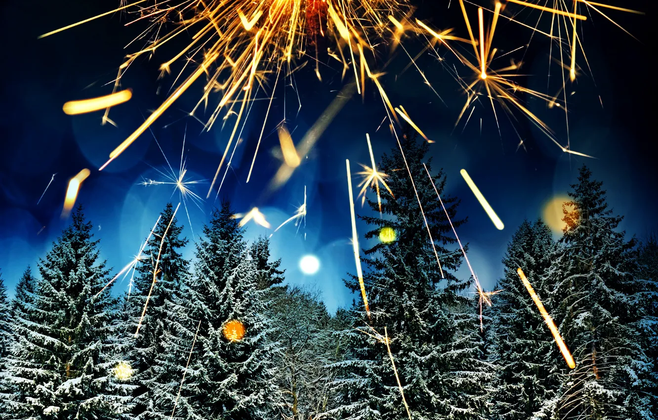 Фото обои зима, лес, снег, деревья, ночь, огни, блики, праздник