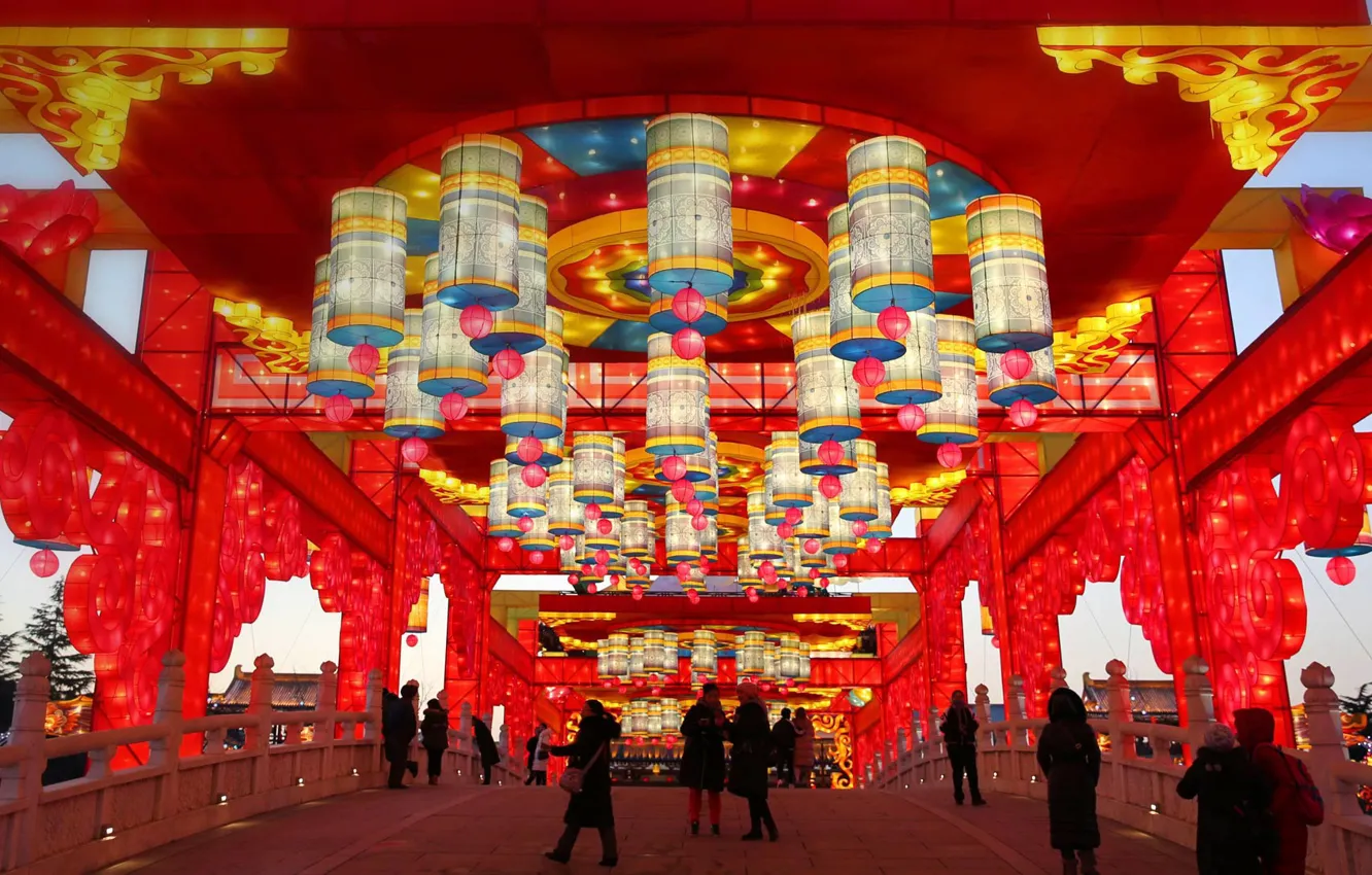 Фото обои Новый Год, Китай, фонарики, Сиань, праздник весны
