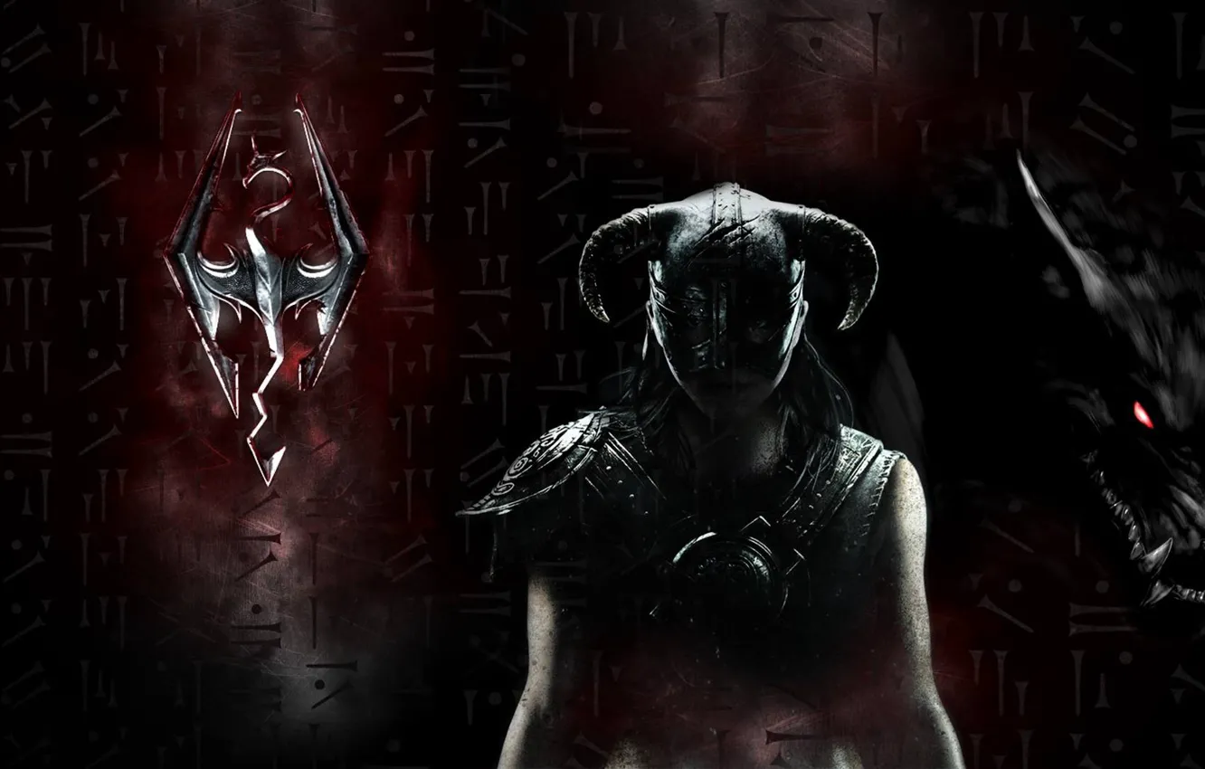 Фото обои blood, logo, game, wolf, dragon, fang, The Elder Scrolls V: Skyrim, viking