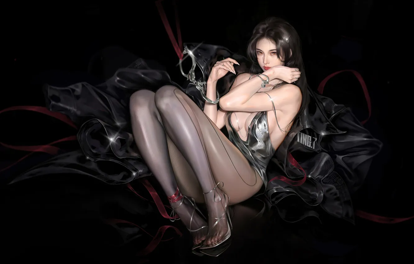 Фото обои dress, legs, black background, drawing, sideboob, Zhongguo Duliu