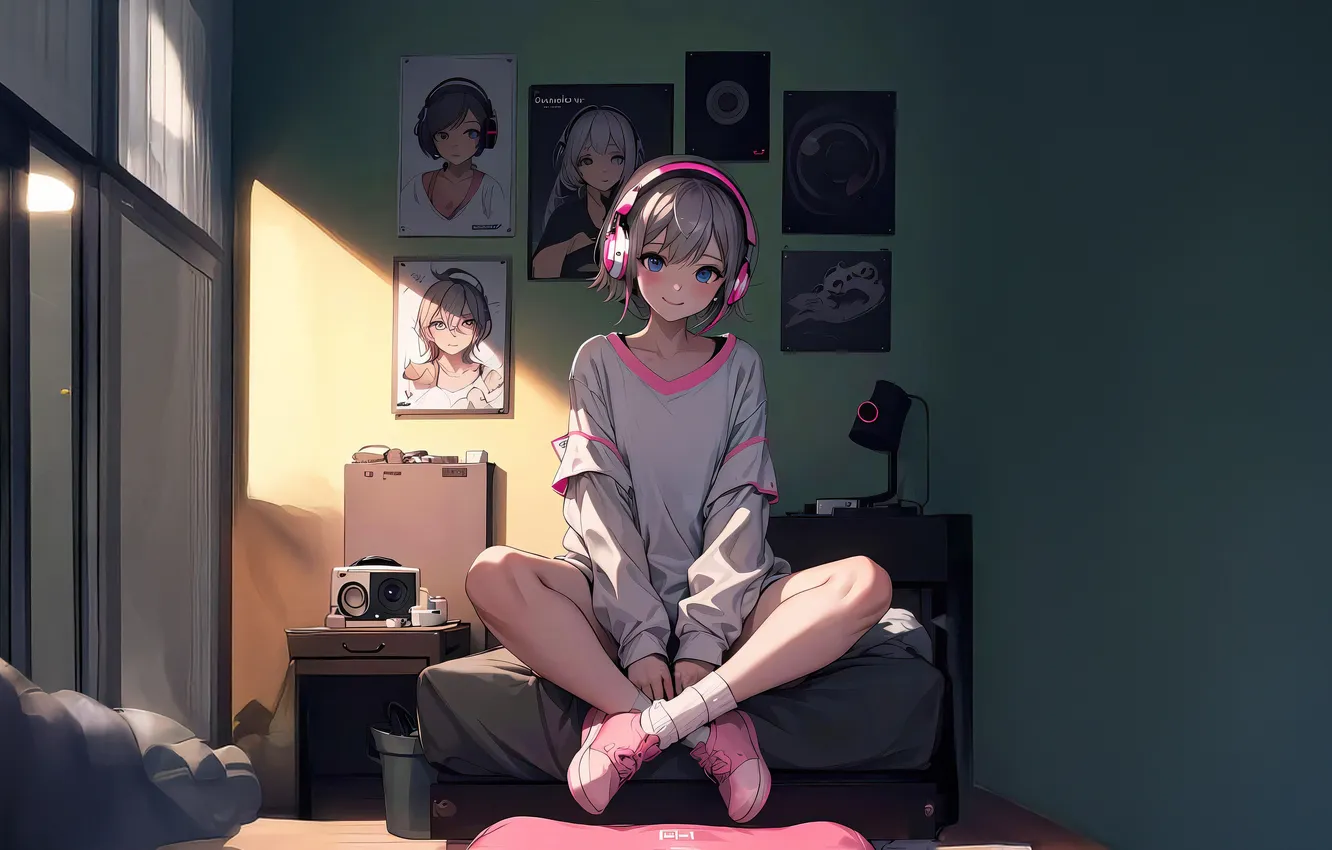 Фото обои girl, pink, anime, headphones, posters