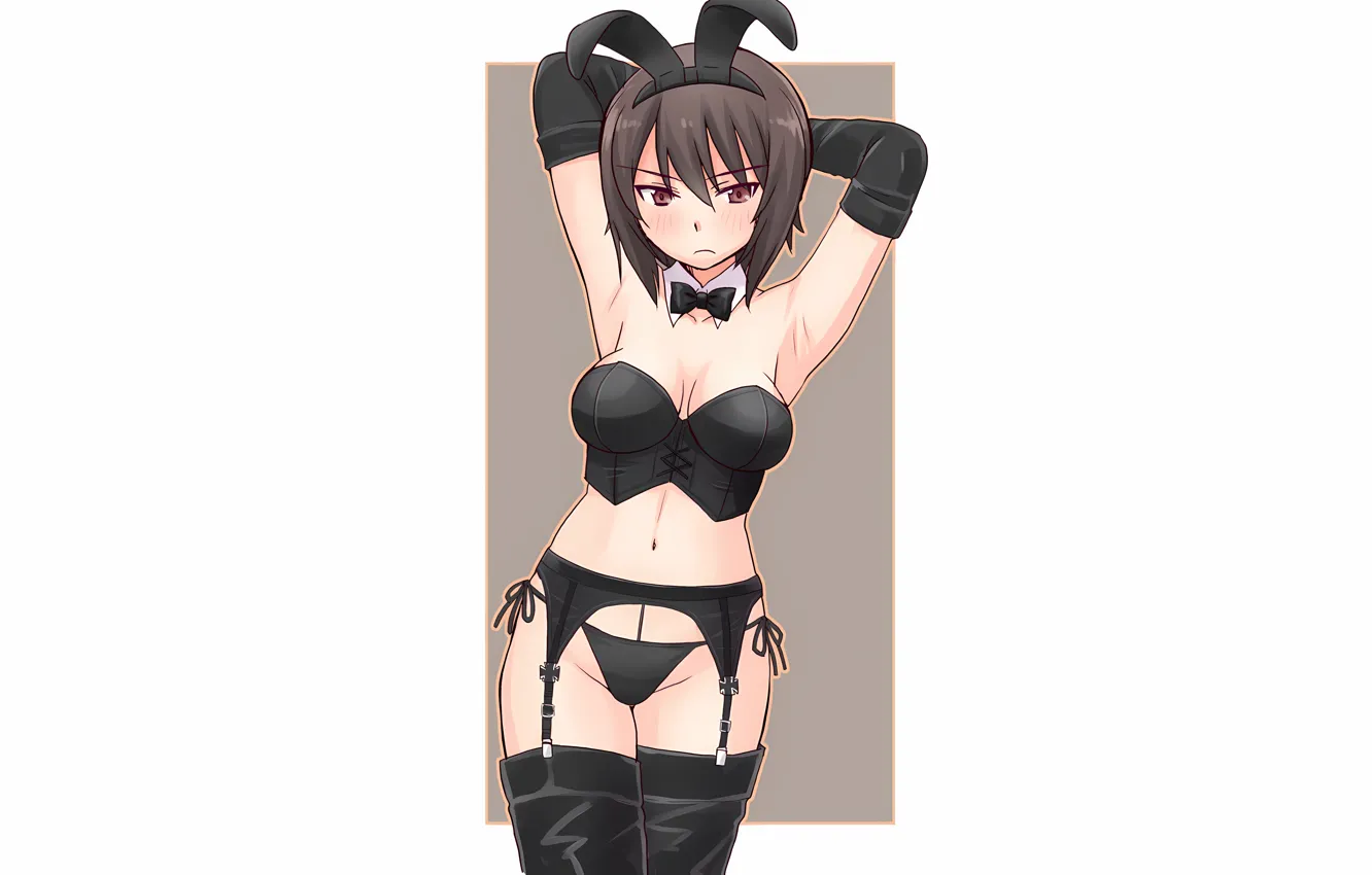 Фото обои girl, sexy, lingerie, pantsu, cleavage, panties, thighhighs, brown hair