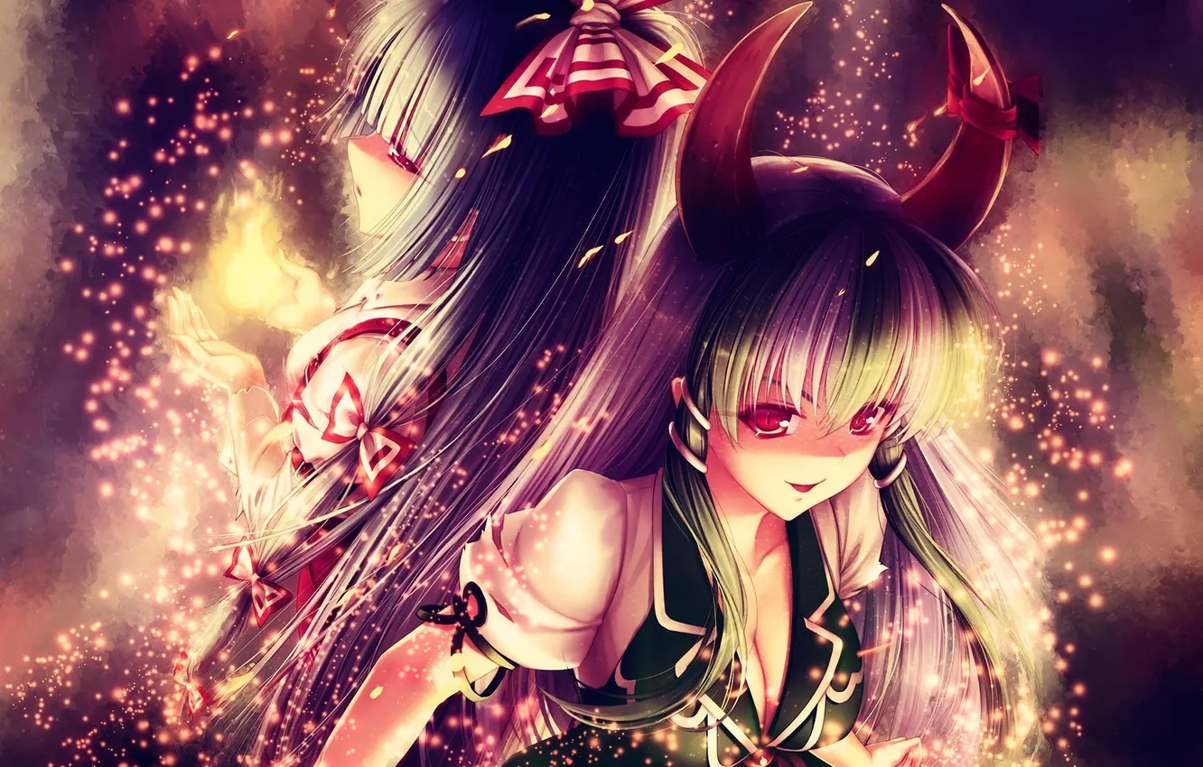 Фото обои девушки, огонь, арт, искры, рога, touhou, kamishirasawa keine, fujiwara no mokou