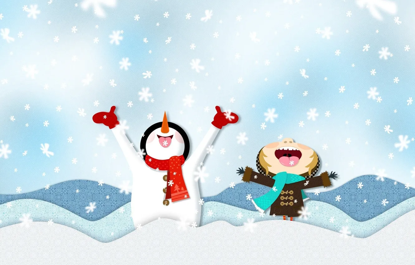 Фото обои зима, язык, снег, снежинки, графика, девочка, сугробы, снеговик