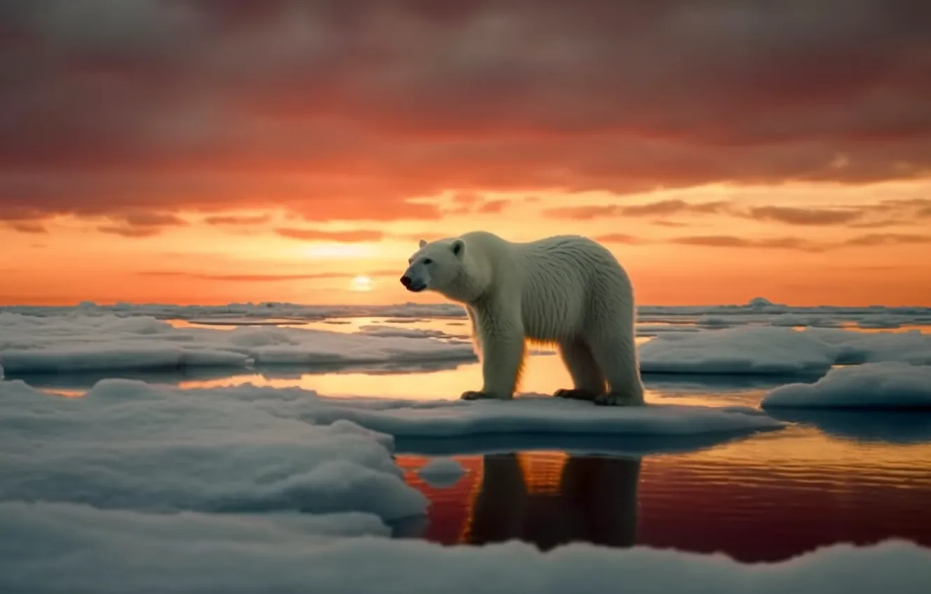 Фото обои Зима, Рассвет, Медведь, Льдины, Белый медведь, Цифровое искусство, ИИ-арт, Искусство искусственного интеллекта