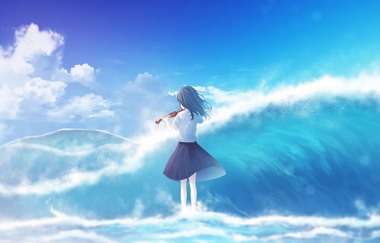 Фото обои море, небо, девушка, скрипка, волна, by furi