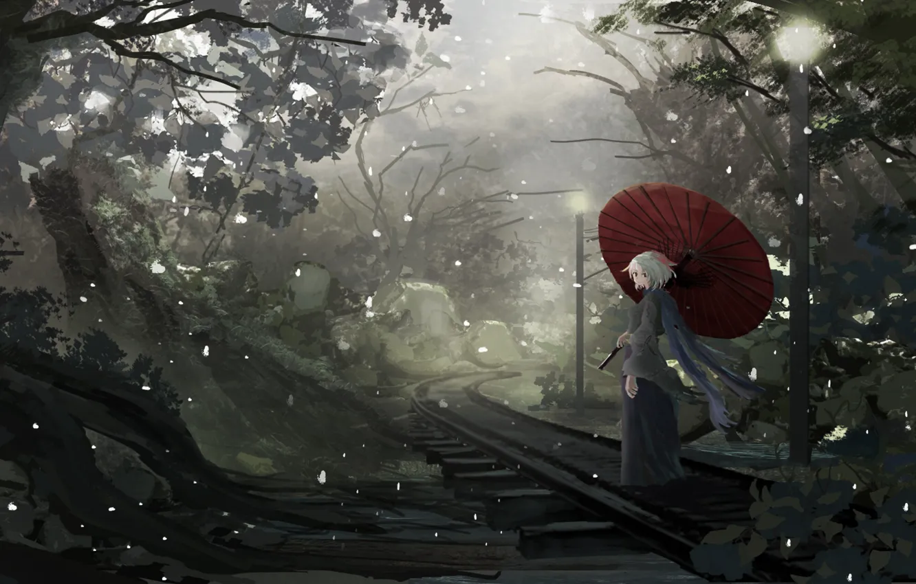 Фото обои девушка, зонт, аниме