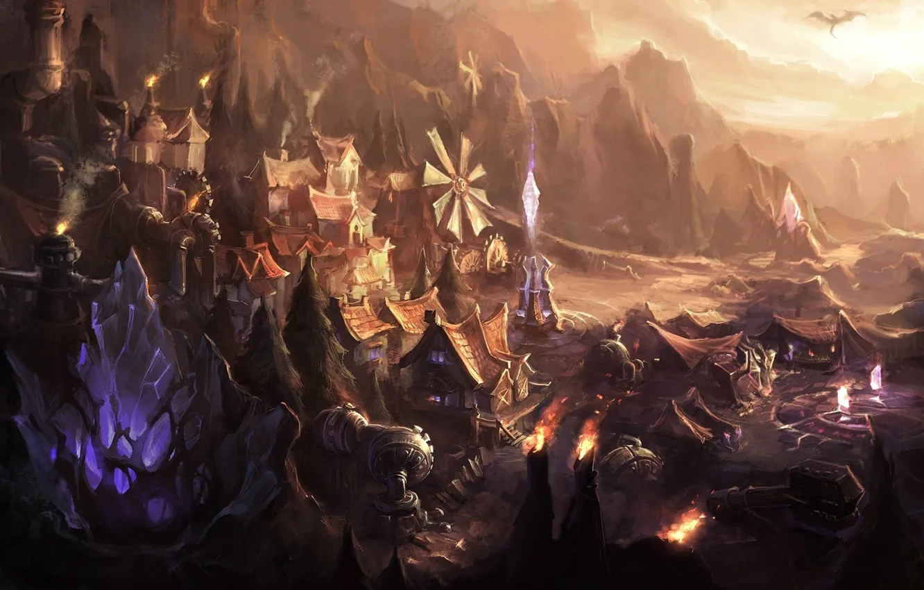 Фото обои горы, дракон, игра, арт, ущелье, dominion, league of legends