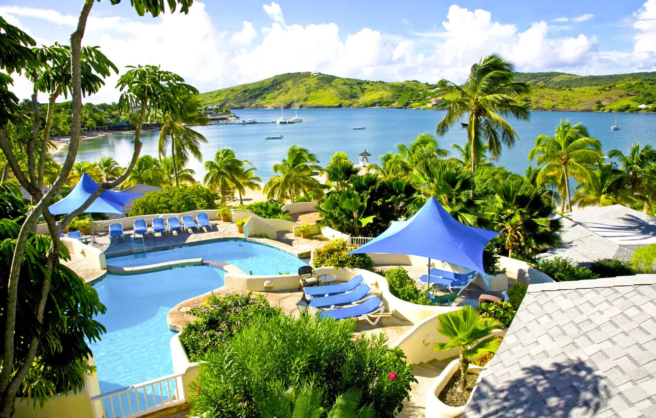 Фото обои пальмы, океан, бассейн, курорт, Карибы, Caribbean, Antigua, St.James Club and Villas resort