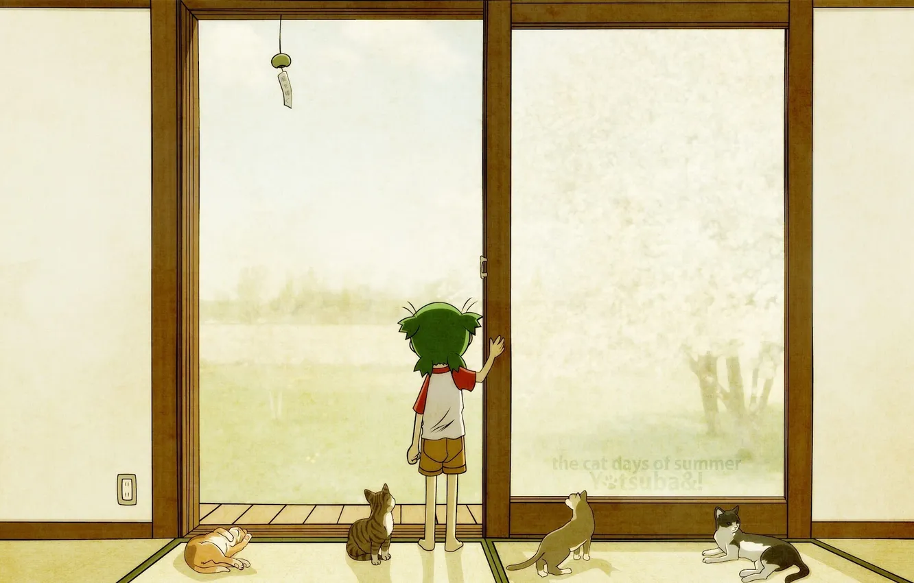 Фото обои кошки, ребенок, дверь, девочка, Yotsubato, the cat days of summer