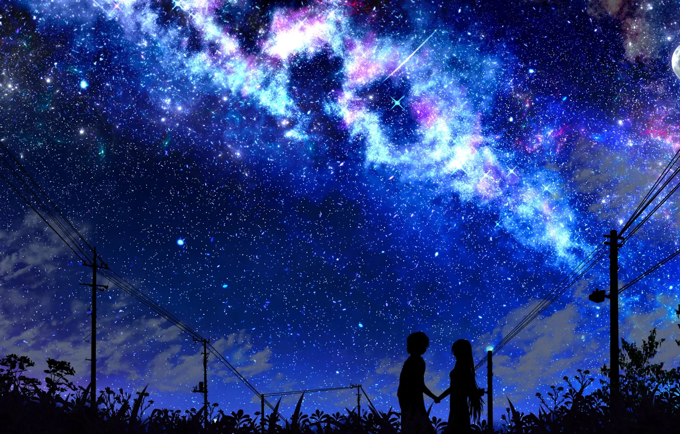 Фото обои небо, девушка, ночь, парень, млечный путь