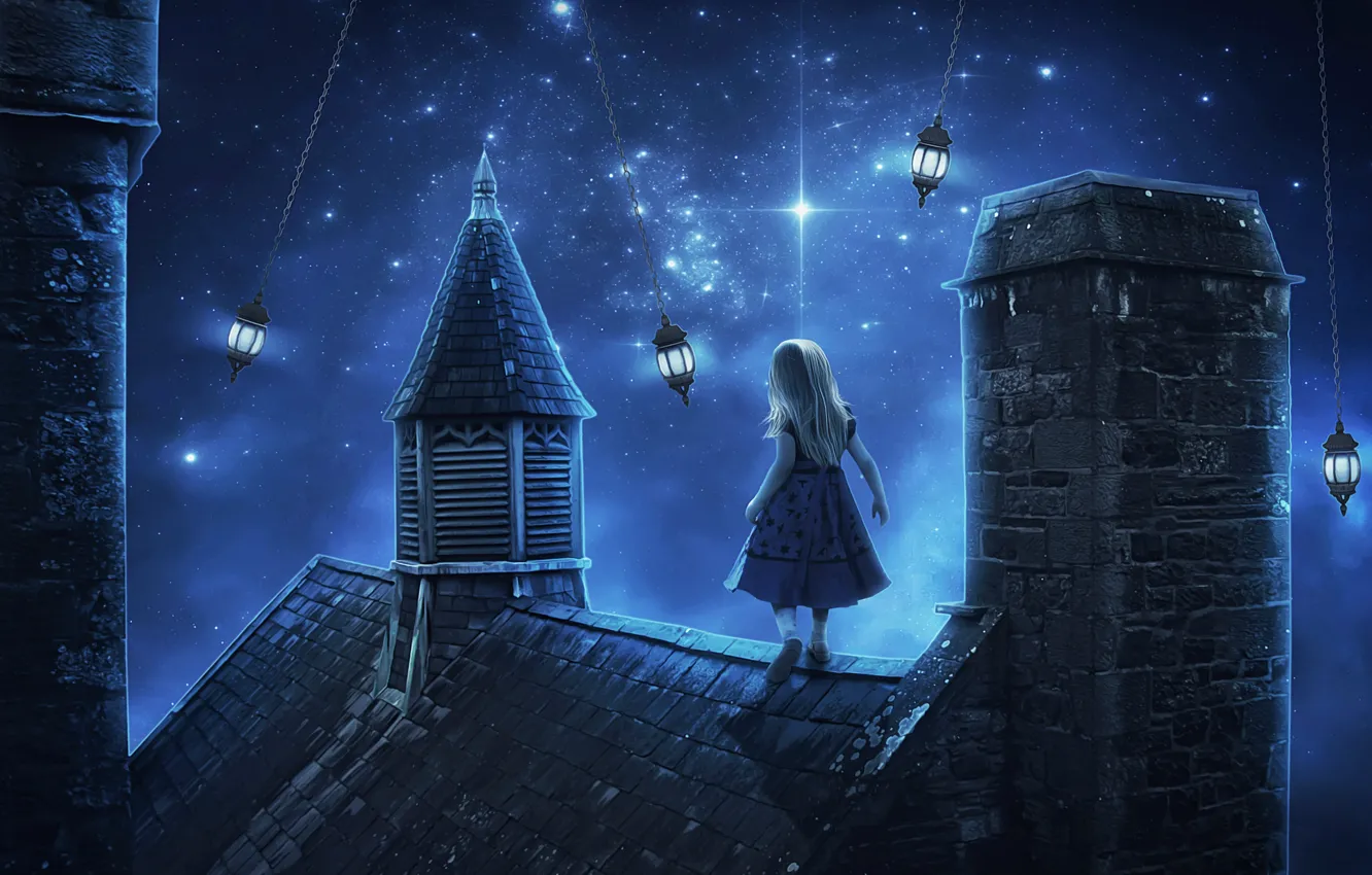 Фото обои малышка, на крыше, звездная ночь, лунатик, сомнамбула, by apanyadng