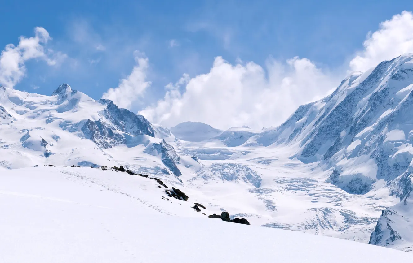 Фото обои зима, небо, облака, снег, пейзаж, горы, природа, скалы
