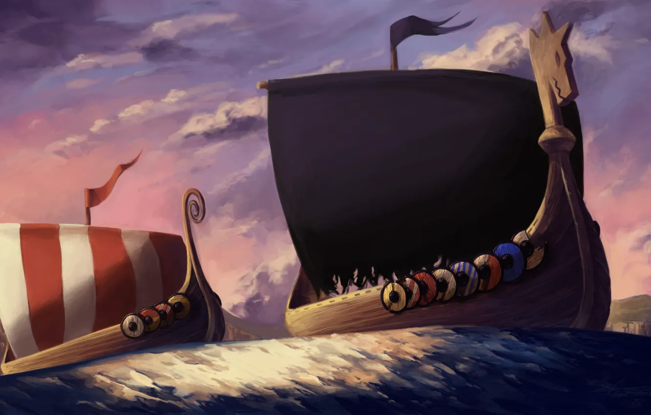 Фото обои море, полосы, ветер, берег, корабли, арт, щиты, плавание