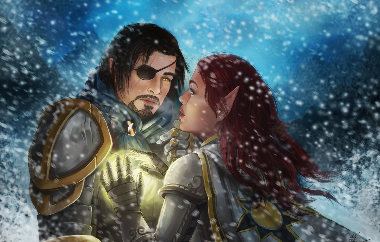 Фото обои девушка, снег, магия, арт, повязка, мужчина, World of Warcraft, эльфийка
