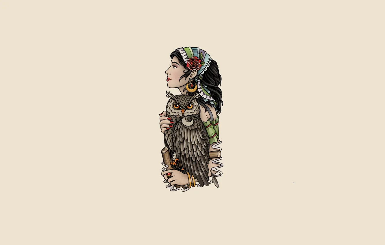 Фото обои девушка, сова, птица, светлый фон, owl