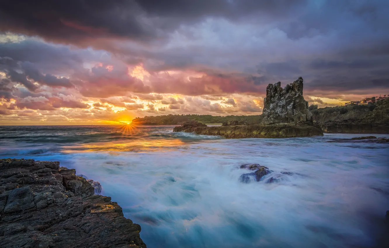Фото обои море, закат, скалы, берег