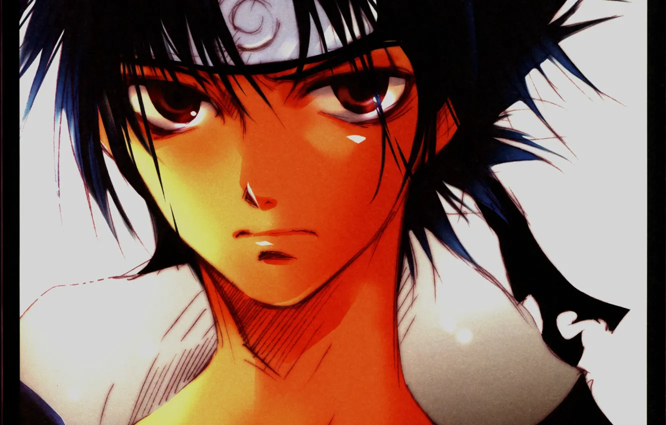 Фото обои взгляд, лицо, мальчик, Sasuke Uchiha, Naruto Shippuden, повязка на лоб, эмблема конохи