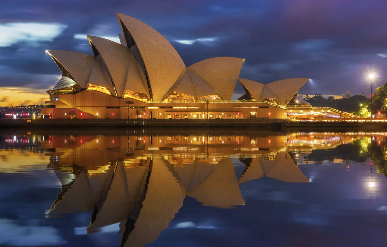Фото обои вода, город, отражение, освещение, Австралия, театр, Сидней, архитектура