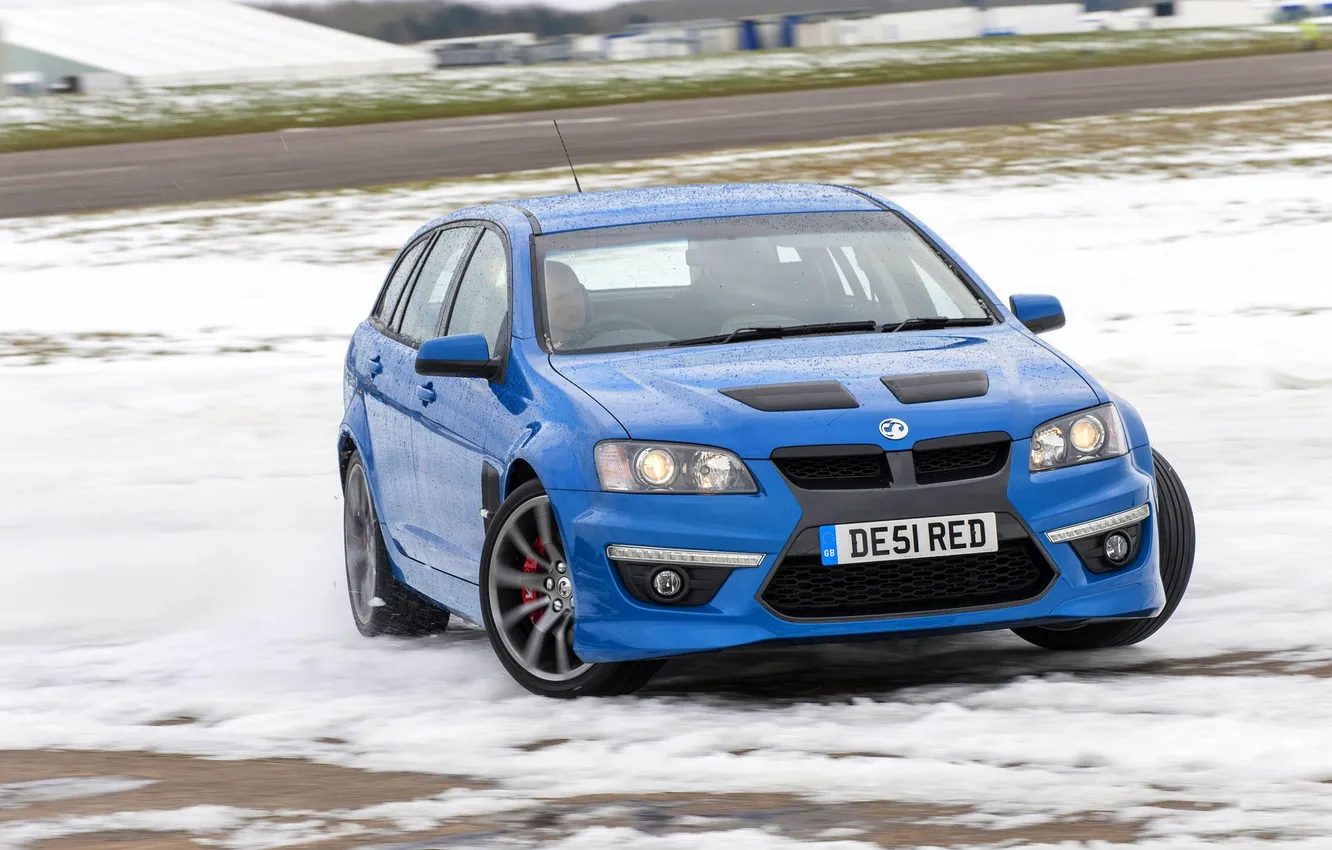 Фото обои Зима, Синий, Снег, Машина, Капот, Занос, Vauxhall, VXR8