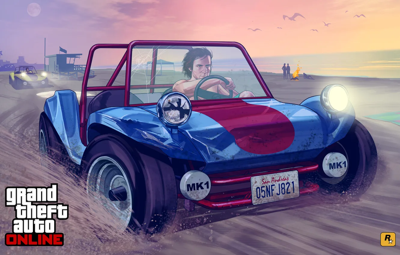 Фото обои машина, пляж, арт, Grand Theft Auto V, gta online
