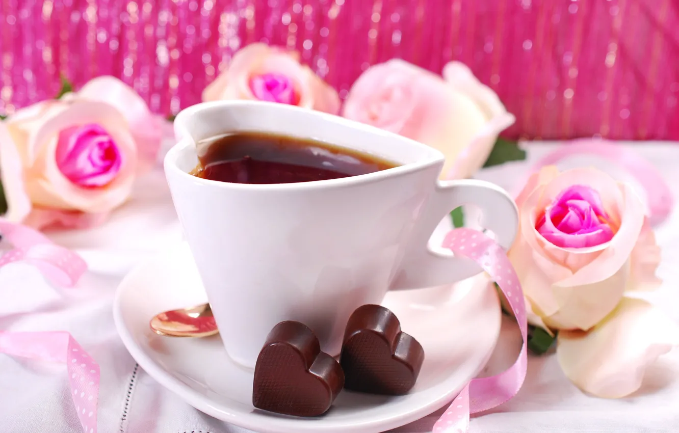 Фото обои чай, розы, конфеты, чашка, сердечки