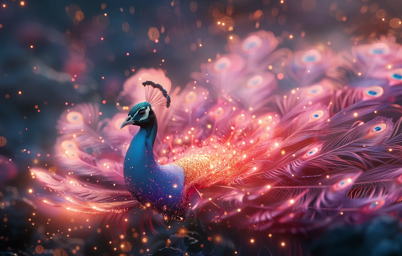 Фото обои pink, peacock feathers, particle, AI art, peacocks