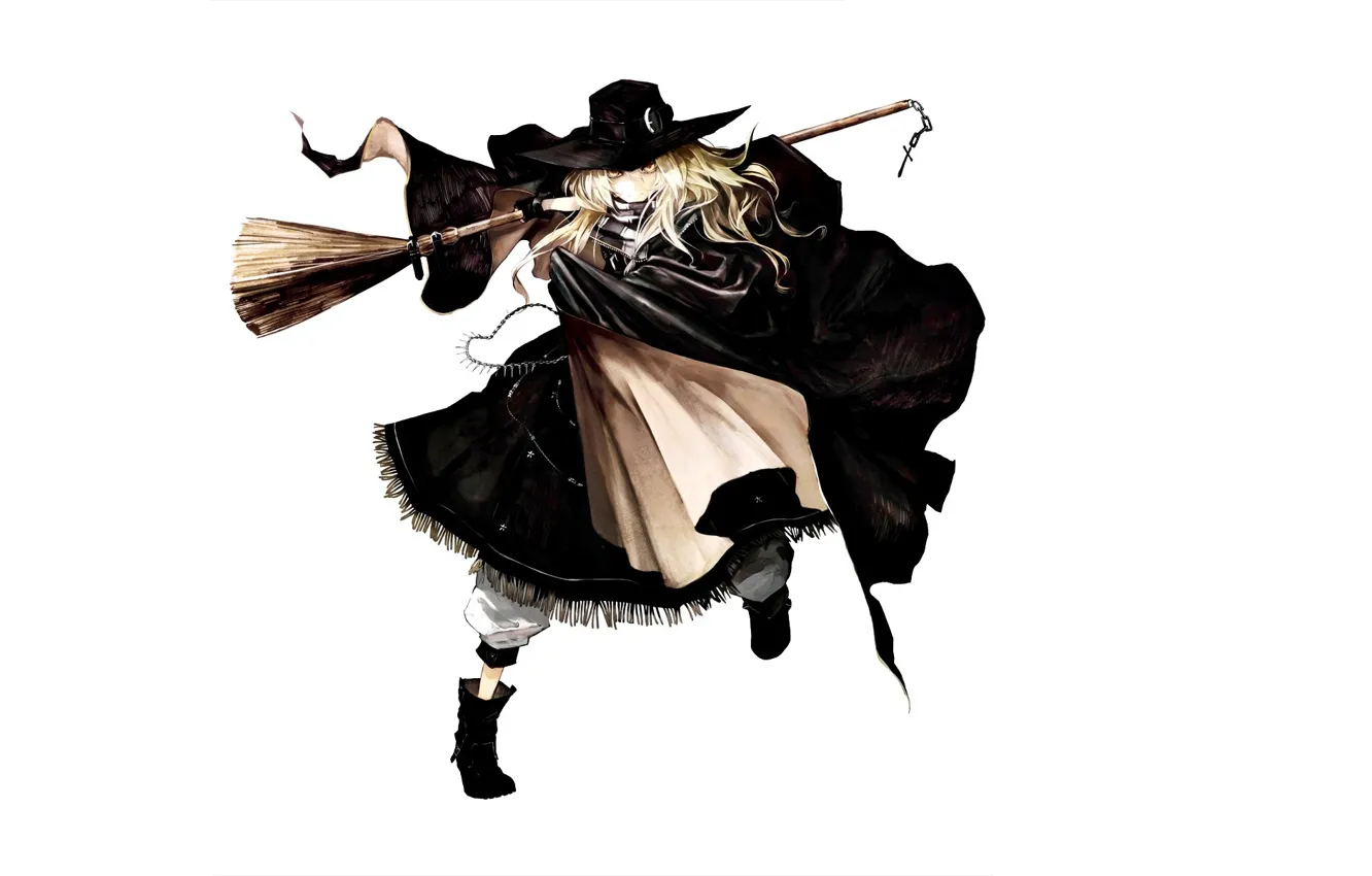 Фото обои сапоги, костюм, белый фон, ведьма, метла, плащ, art, шляпа ведьмы