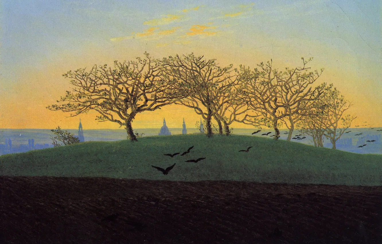 Фото обои деревья, пейзаж, птицы, картина, Каспар Давид Фридрих, Холм и Пахотное Поле возле Дрездена