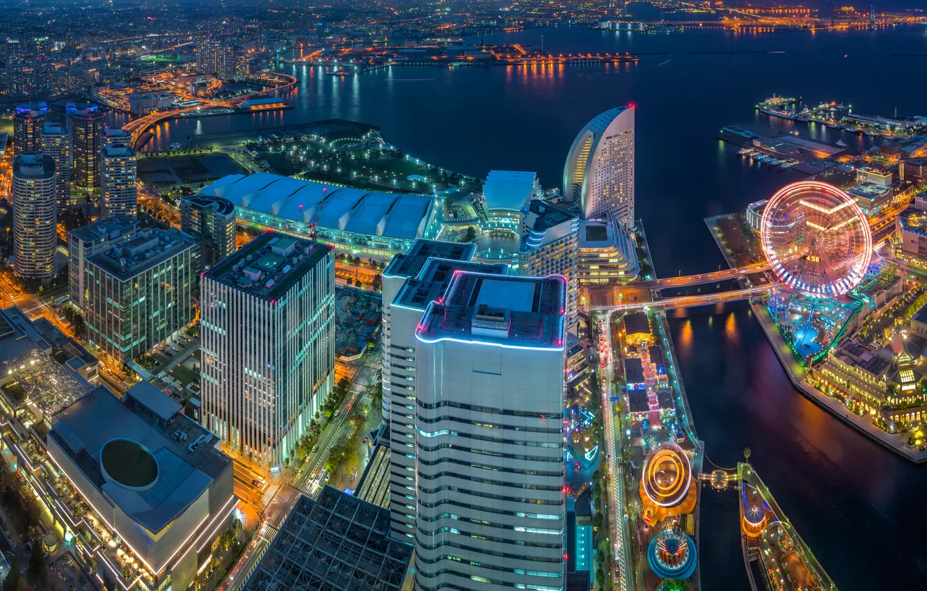 Фото обои здания, Япония, панорама, залив, Japan, ночной город, небоскрёбы, Yokohama