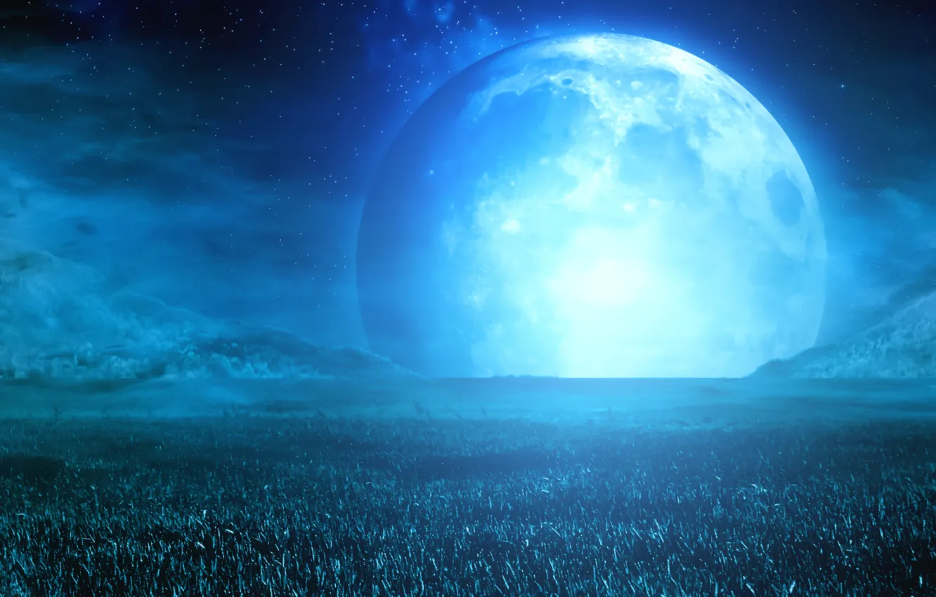 Фото обои поле, небо, ночь, настроение, луна