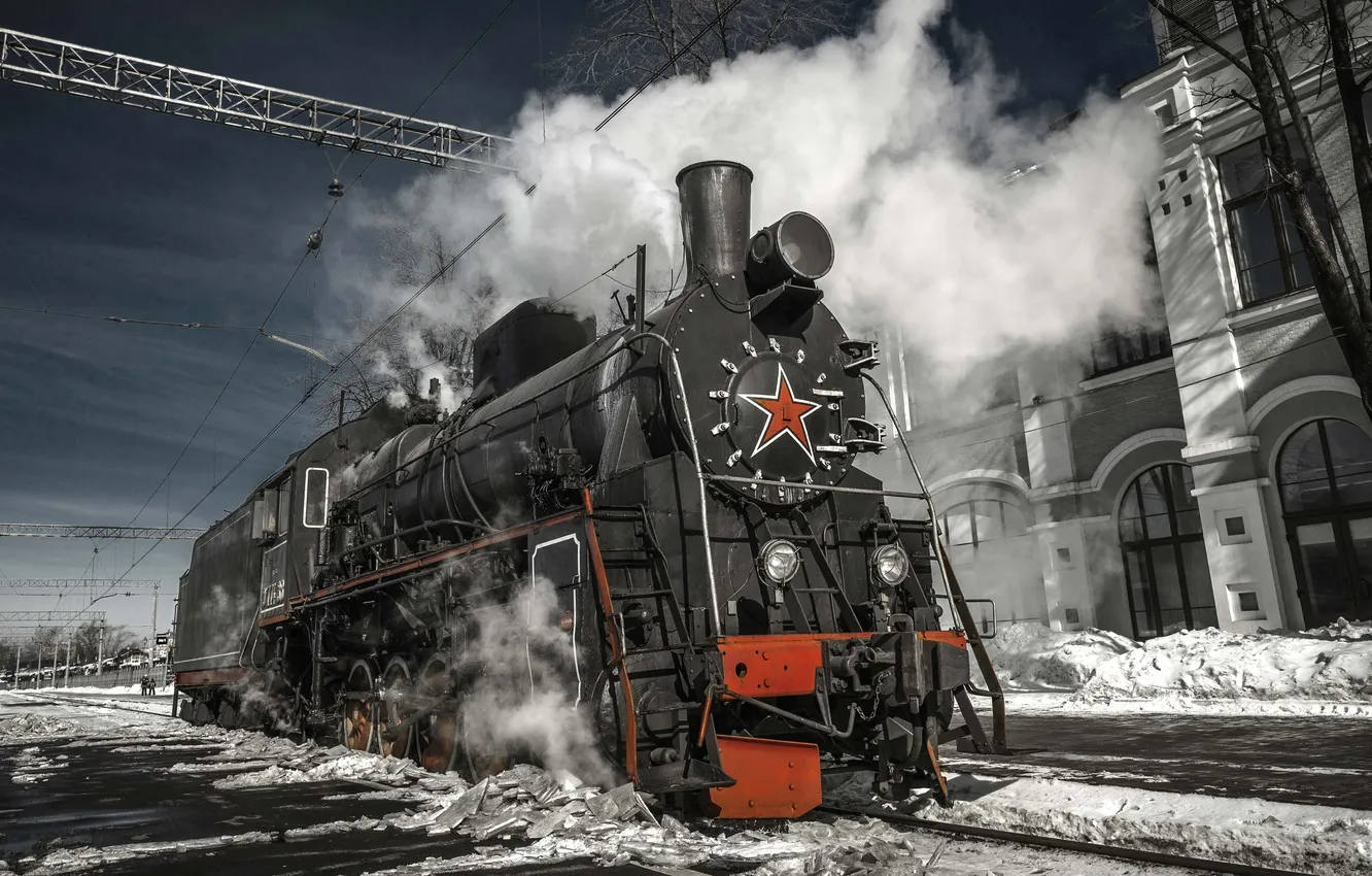 Фото обои star, smoke, steam, snow, station, train, steel, technology