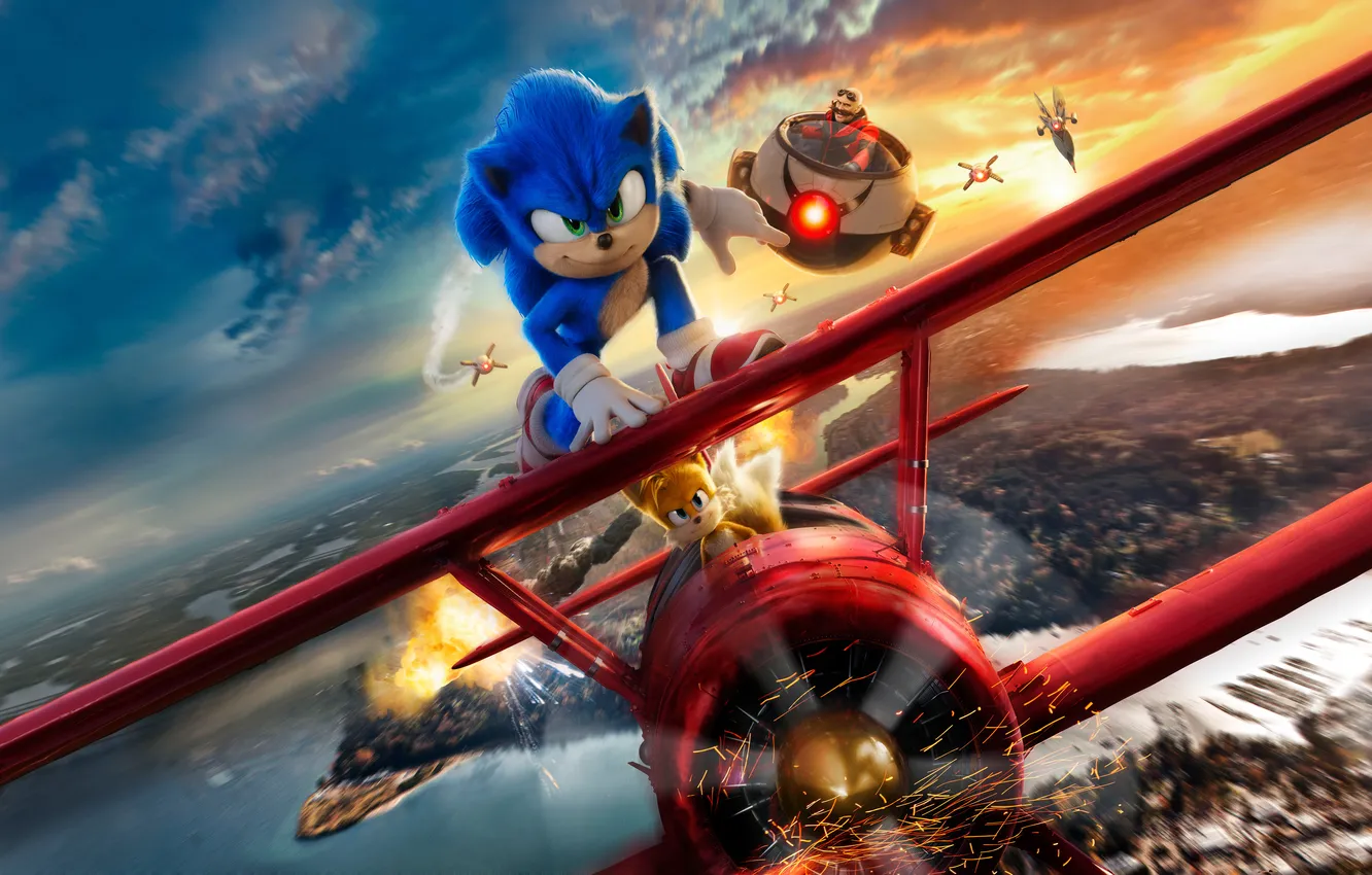 Фото обои мультфильм, погоня, Соник, Джим Керри, Jim Carrey, самолёт, Sonic, Sonic the Hedgehog 2