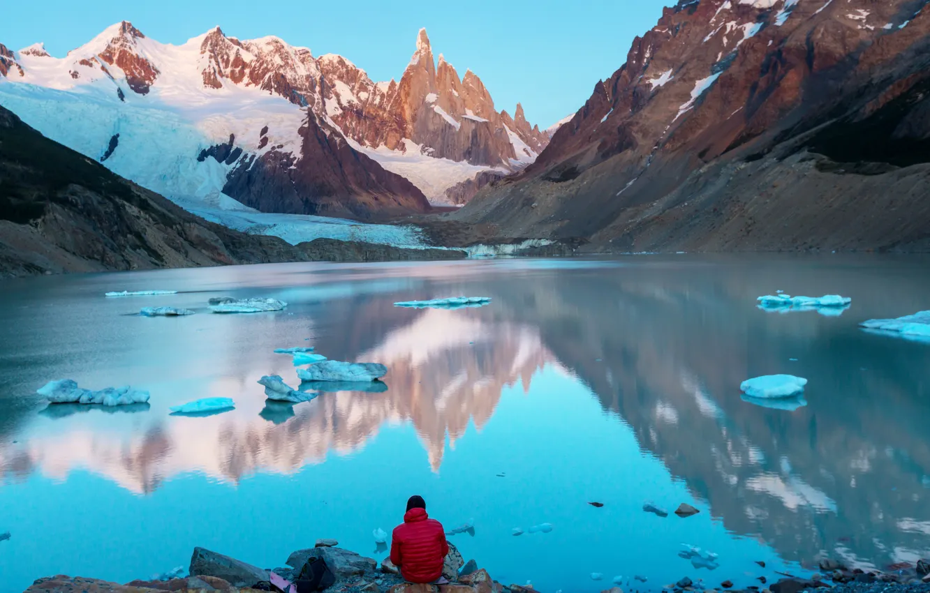Фото обои лед, снег, горы, озеро, камни, Аргентина, Патагония, Cerro Torre