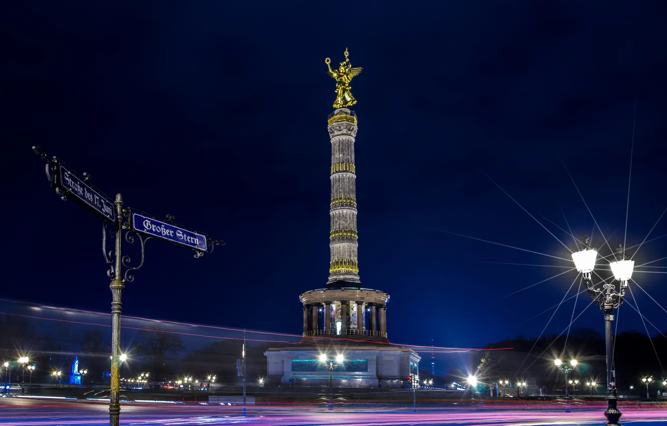 Фото обои ночь, огни, Германия, Берлин, колонна победы