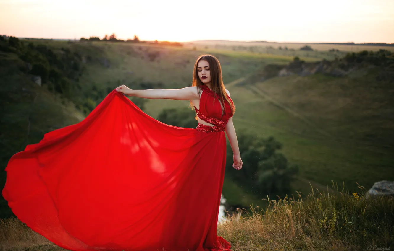 Фото обои закат, природа, Девушка, платье, Юлия Сказка