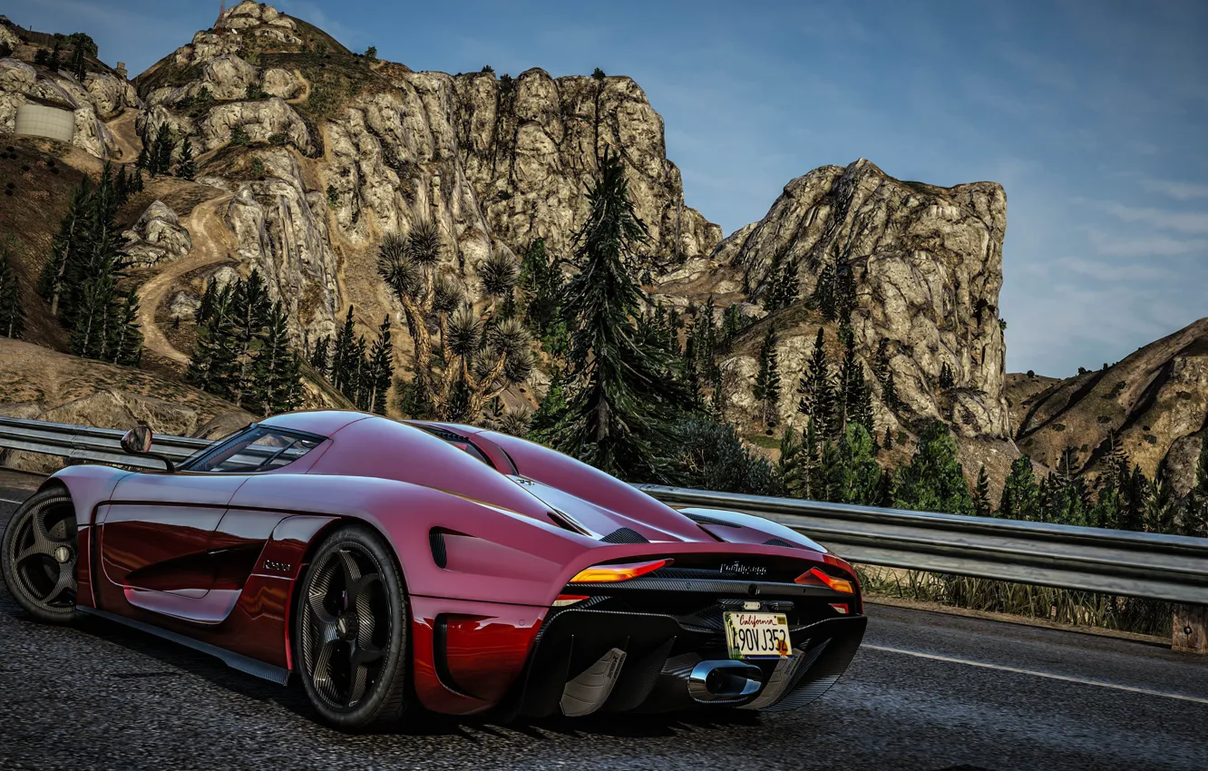 Фото обои дорога, горы, суперкар, Grand Theft Auto V, Koenigsegg Regera