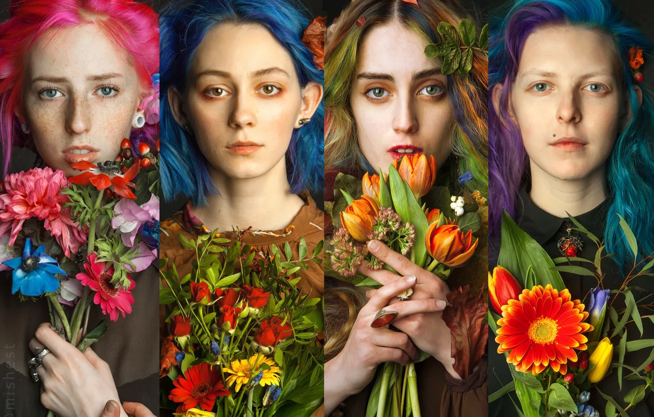Фото обои цветы, девушки, коллаж, веснушки, четыре, Михаил Шестаков